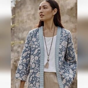 NEW J Jill Pure Cotton Indian Kantha Stitched Quilt Patch Pocket Jacket Size Lrg